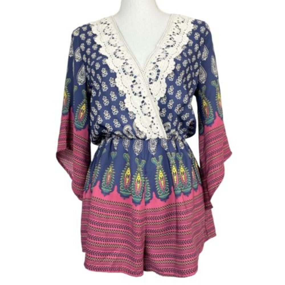 ILLA ILLA Romper Women Small Navy & Purple Print Boho Lace Kimono Lace V Neck
